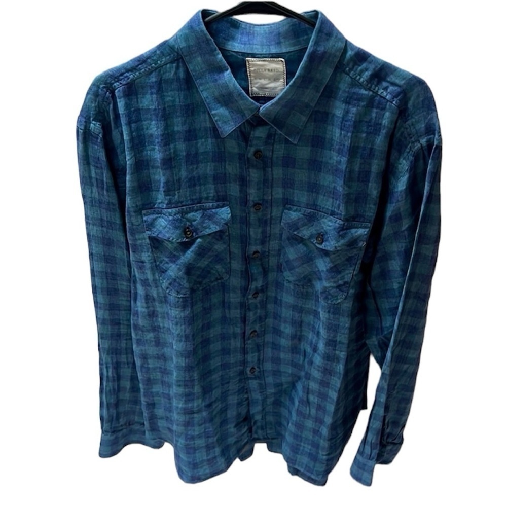 BILLY REID MENS Linen Blue and Green Plaid Button Down - Size XXL